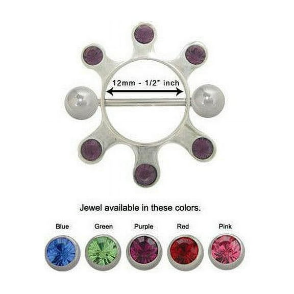 Nipple Barbell Shield Silver Surgical Steel With CZ Jewels - 6 Colors Available