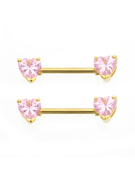Nipple Barbell with Heart shape Cubic Zirconia Gold IP 14g