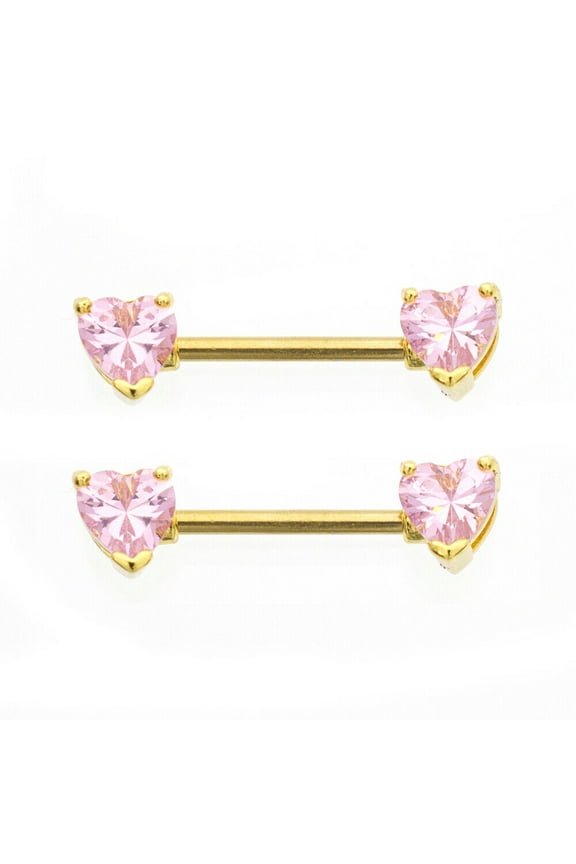Nipple Barbell with Heart shape Cubic Zirconia Gold IP 14g