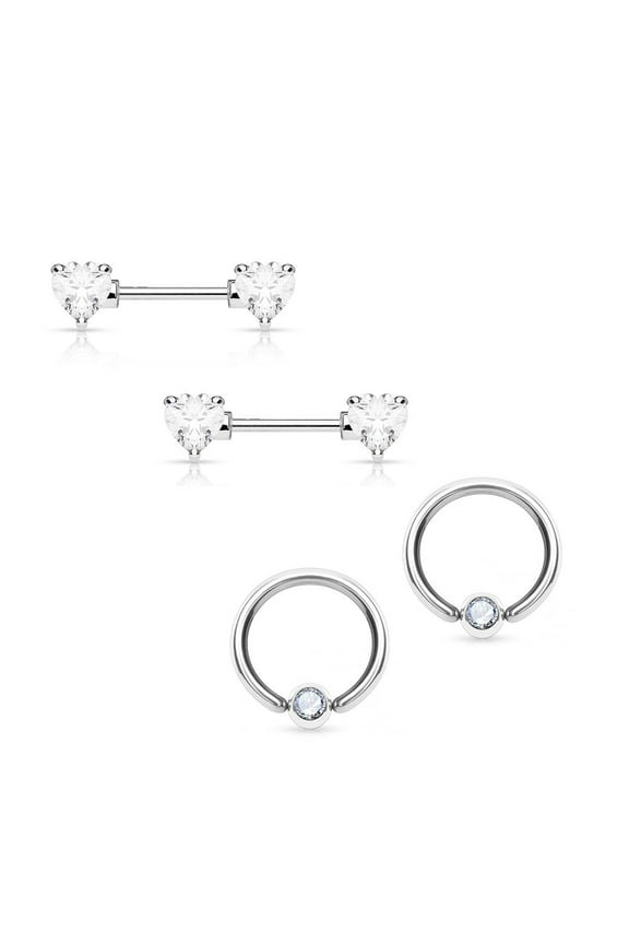Nipple Ring 14G Barbell/Captive Combo Surgical Steel with Heart CZ Gems