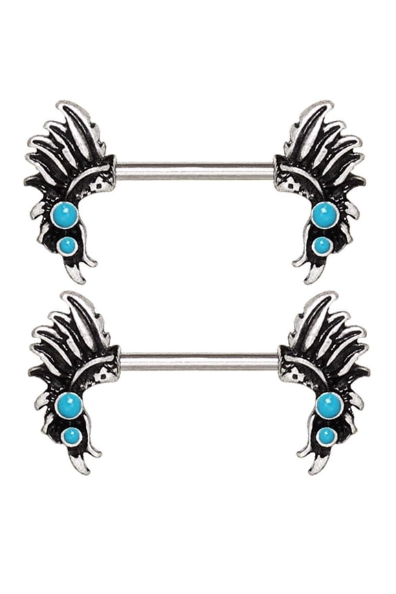 Nipple Ring Bars Stainless Steel Turquoise Feather Headdress Pair