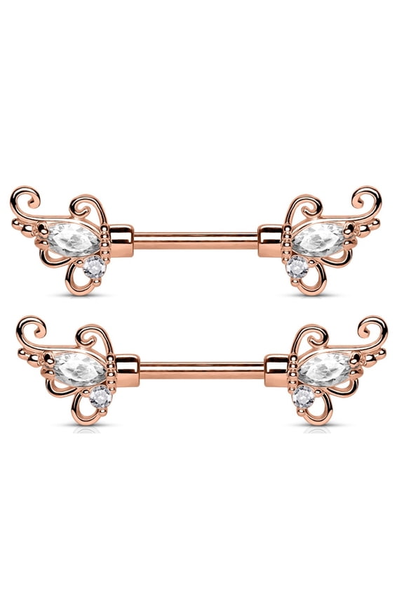 Nipple Ring CZ Floral Filigree Rose Goldtone Surgical Steel Nipple Barbells Bar pair