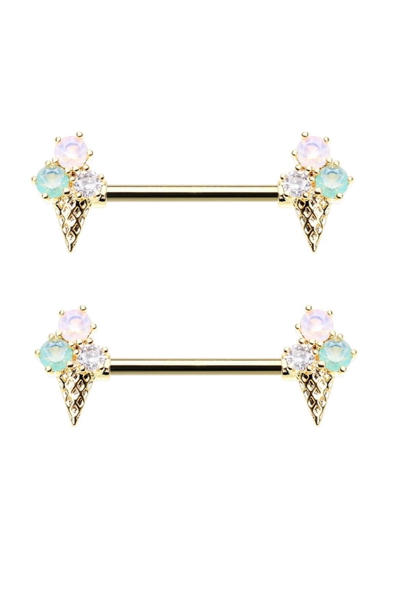 Nipple Ring Golden Ice Scream Scoop Cone Gem Nipple Barbell Sold as a pair
