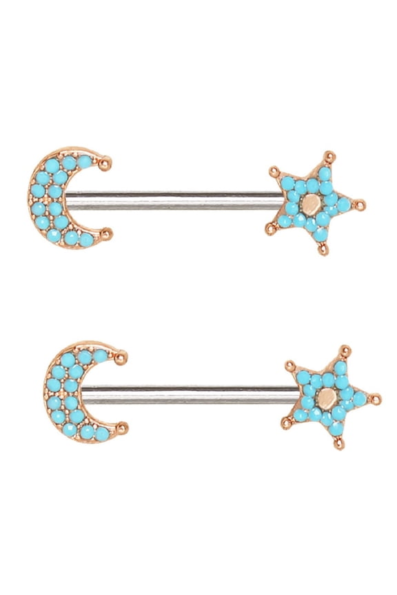 Nipple Ring Rose Gold Plated Turquoise Bead Moon & Star Barbell