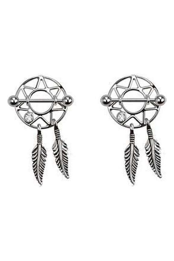 Nipple Ring Shield Barbell Dream Catcher Design 14G 22MM Clear CZ Gem