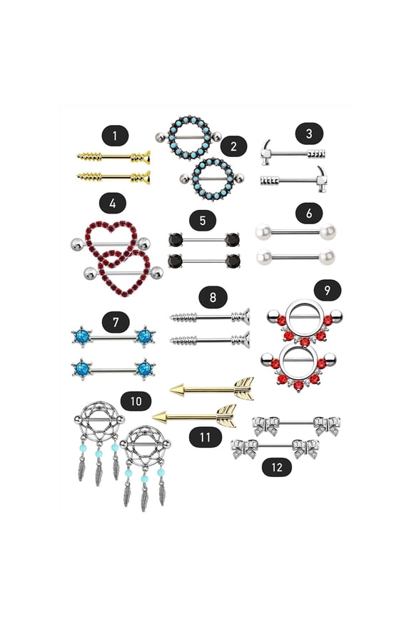 14G Nipple Ring Shields and Barbells Surgical Steel Unique Designs Women Men