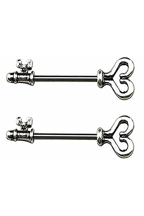 Nipple Ring Skeleton Key Bar Body Jewelry Sold As Pair 14g Cz
