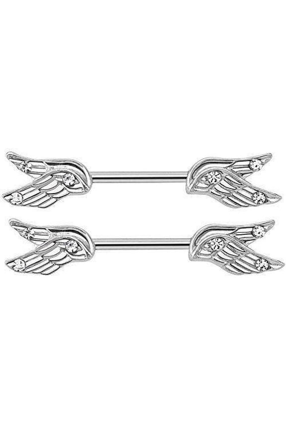 Nipple Ring Split Angel Wings  CZ  Surgical Steel Nipple Bar  Sold as a pair