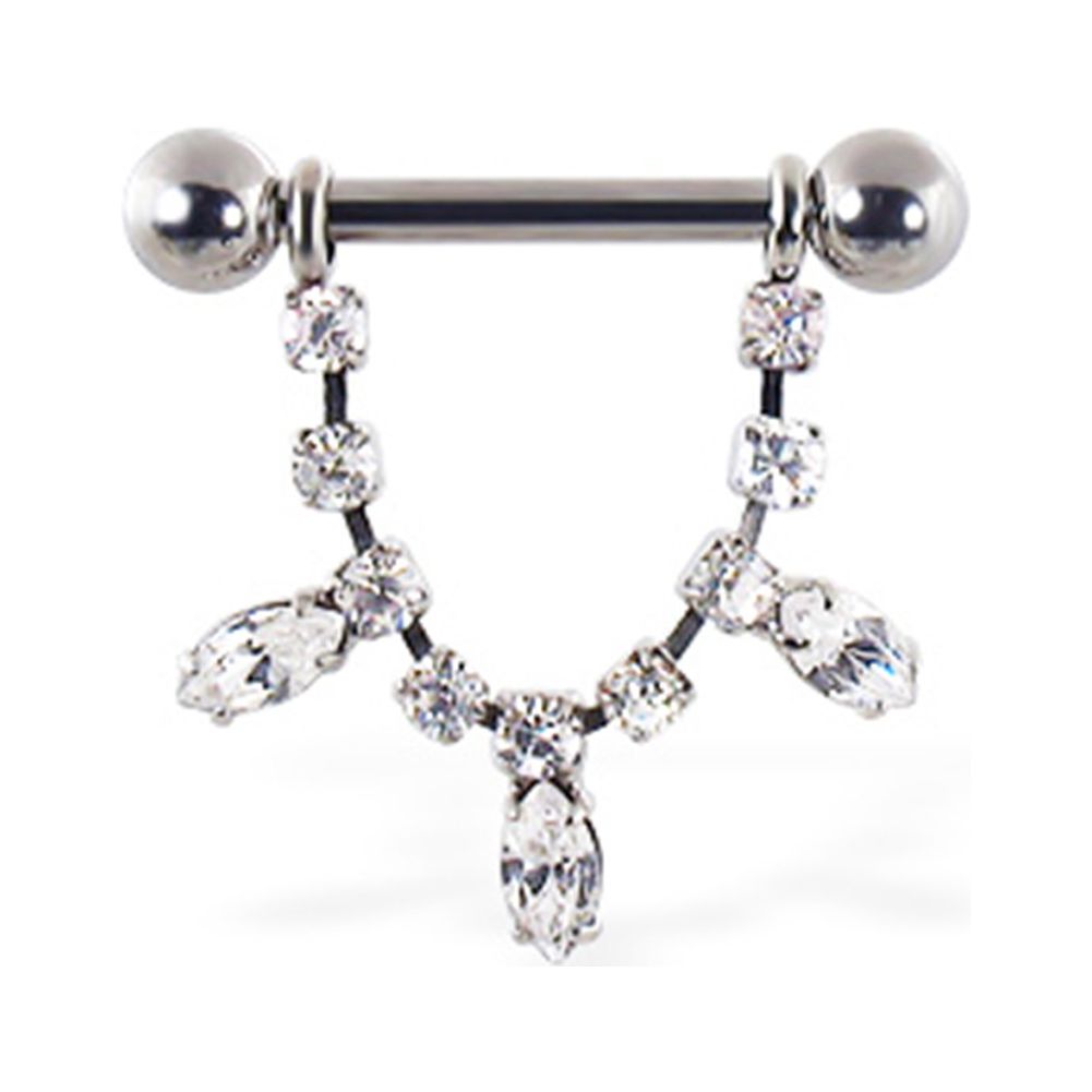 Nipple Ring With Dangling Jeweled Chain And PearShaped Gems, 12 Ga Or