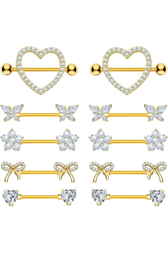 Nipple Rings - Surgical Stainless Steel Gold Silver Pink Blue Purple CZ Heart Butterfly Flower Bow Jewelry - 14 Gauge Nipple Bars and Barbells