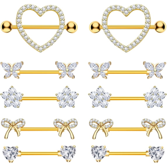 Nipple Rings - Surgical Stainless Steel Gold Silver Pink Blue Purple CZ Heart Butterfly Flower Bow Jewelry - 14 Gauge Nipple Bars and Barbells