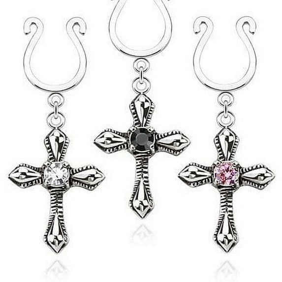 Nipple Rings non pierce pair Clip On Nipple Ring Cross Dangle with Small CZ