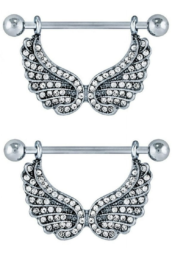 Nipple Shield Rings Barbell Barbells Angel Wings Sold as a Pair 14 Gauge