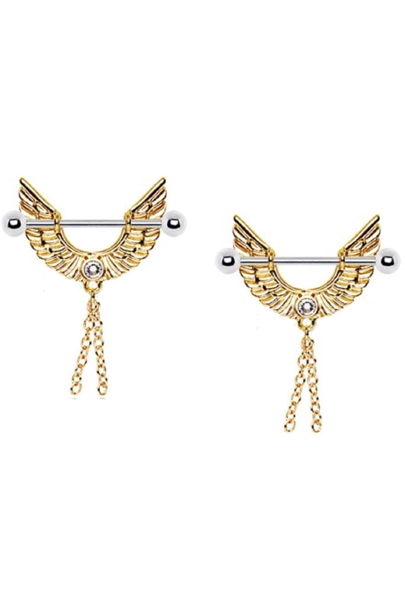 Nipple Shield Rings barbell Gold Plated Angel Wing  Chains  pair 14 gauge
