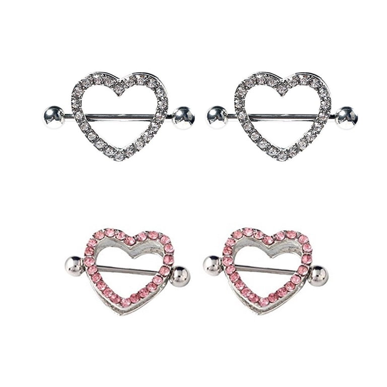 OUFER 2PCS 14G Surgical Steel Nipple Rings Barbell Heart CZ Nipple Rings Piercing