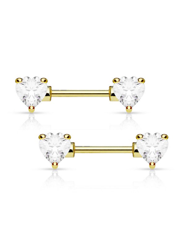 Nipple barbell ring 14 Gauge 12mm Surgical steel Ion plated gold with hearts cz