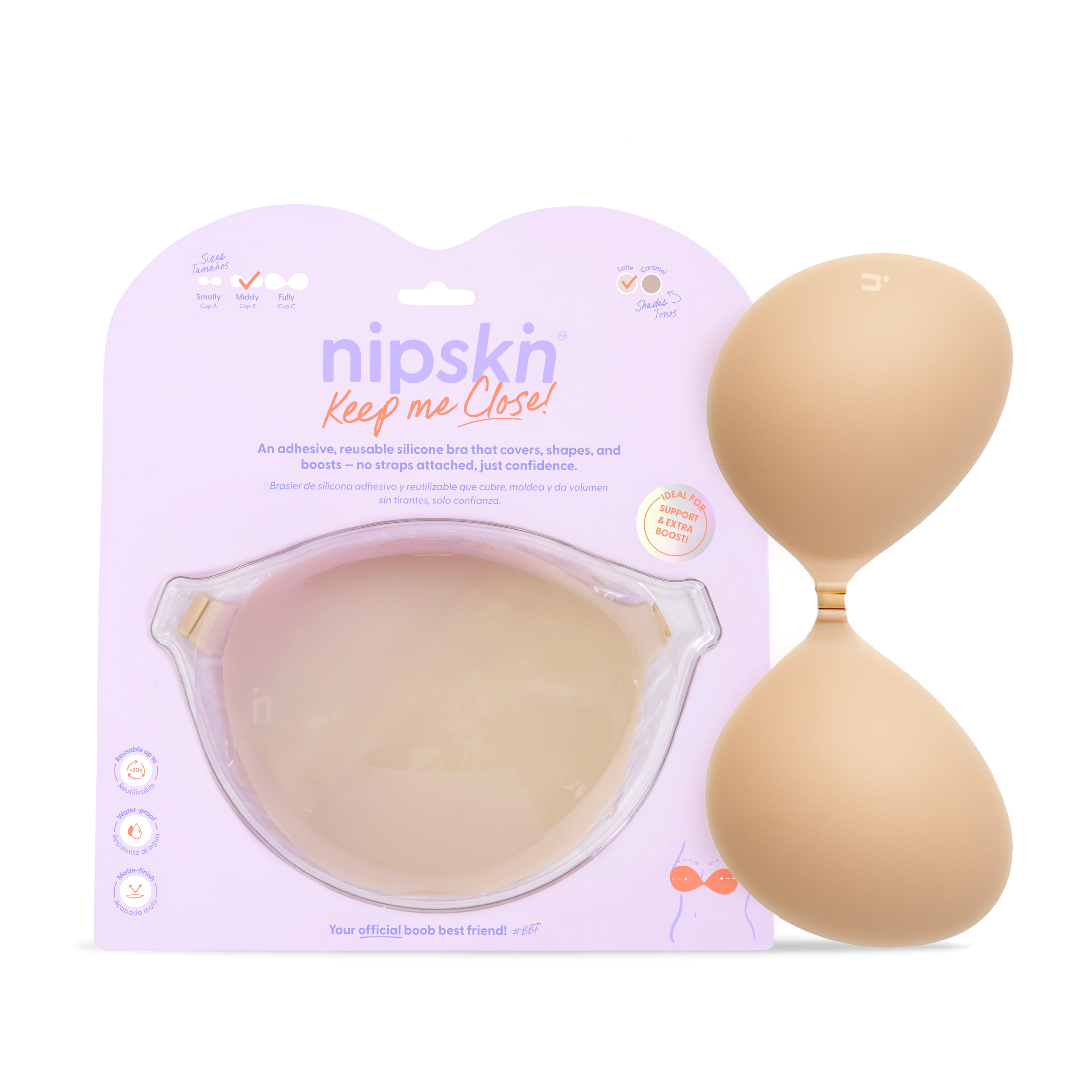 Nipskin Reusable Adhesive Bra for Women, Strapless Silicone Push-Up Bra for Shape and Support, Latte B
