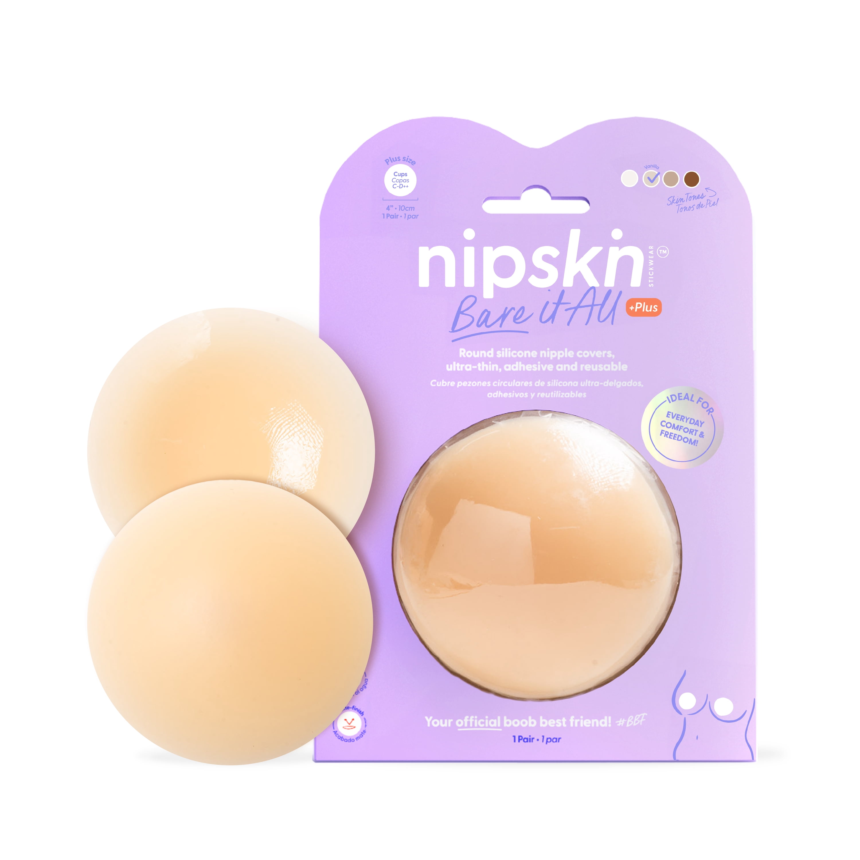 Nipskin- Bare It All - Round Silicone Nipple Covers, Ultra-thin, adhesive and reusable - Vanilla - Cups C-D Plus