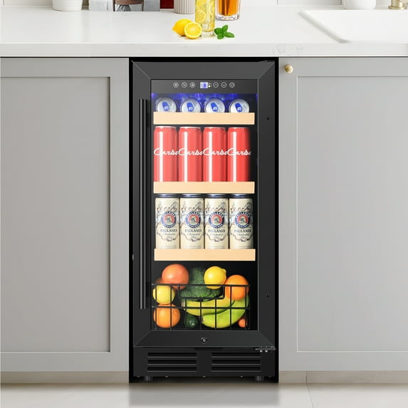 TITTLA Beverage Refrigerator with Glass Door,130 Cans 3.1 Cubic Feet Under Counter ,with Basket Design for Soda, Beer or Fruit,,Black
