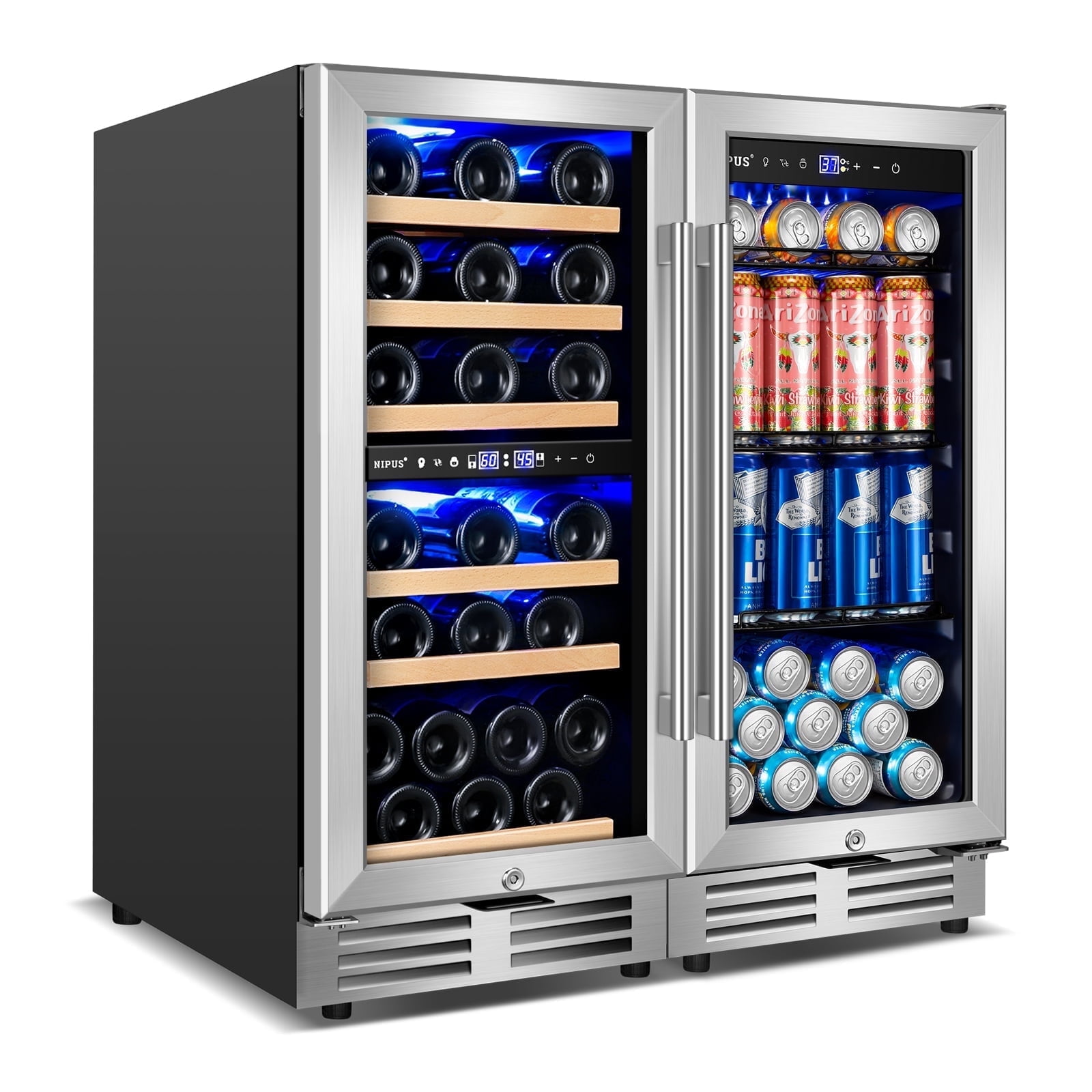Nipus 15"+15" Wine and Beverage Refrigerator, 30 Bottles Dual Zone Wine Fridge and 130 Cans Beverage Fridge Cooler for Kitchen Office