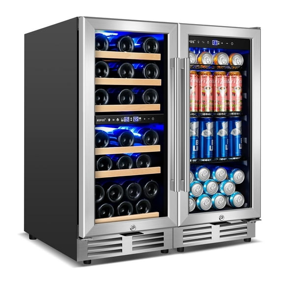 Nipus 15"+15" Wine and Beverage Refrigerator, 30 Bottles Dual Zone Wine Fridge and 130 Cans Beverage Fridge Cooler for Kitchen Office