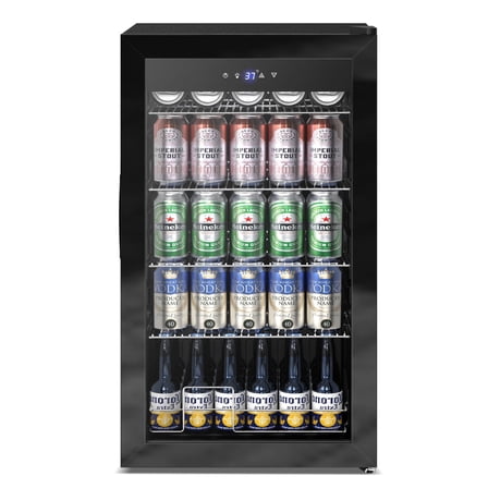 Nipus 17.52 inch Beverage Refrigerator Cooler,130 Cans Capacity with Glass Door for Soda Wine Beer, with Adjustable Removable Shelves, Black