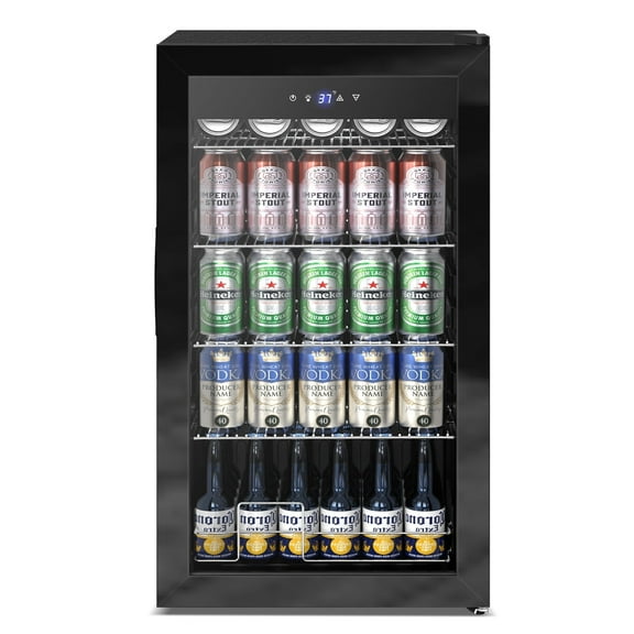 Nipus 17.52 inch Beverage Refrigerator Cooler,130 Cans Capacity with Glass Door for Soda Wine Beer, with Adjustable Removable Shelves, Black