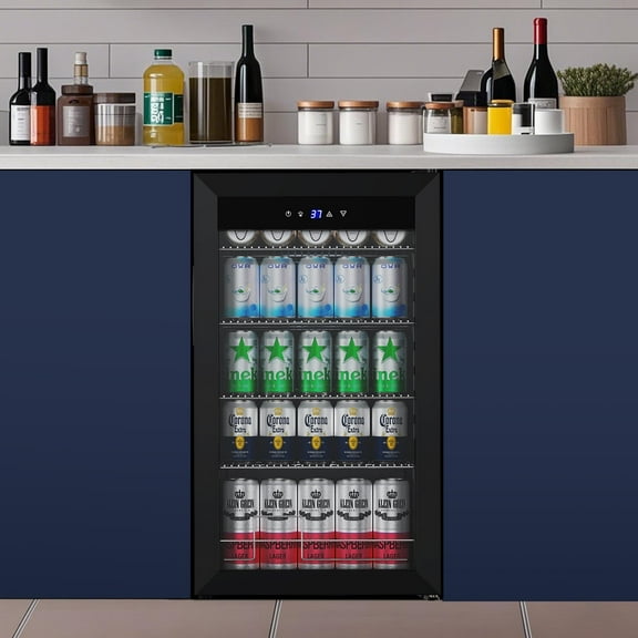 Nipus 17.52 inch Beverage Refrigerator Cooler,120 Cans Capacity with Glass Door for Soda Wine Beer, with Adjustable Removable Shelves, Black
