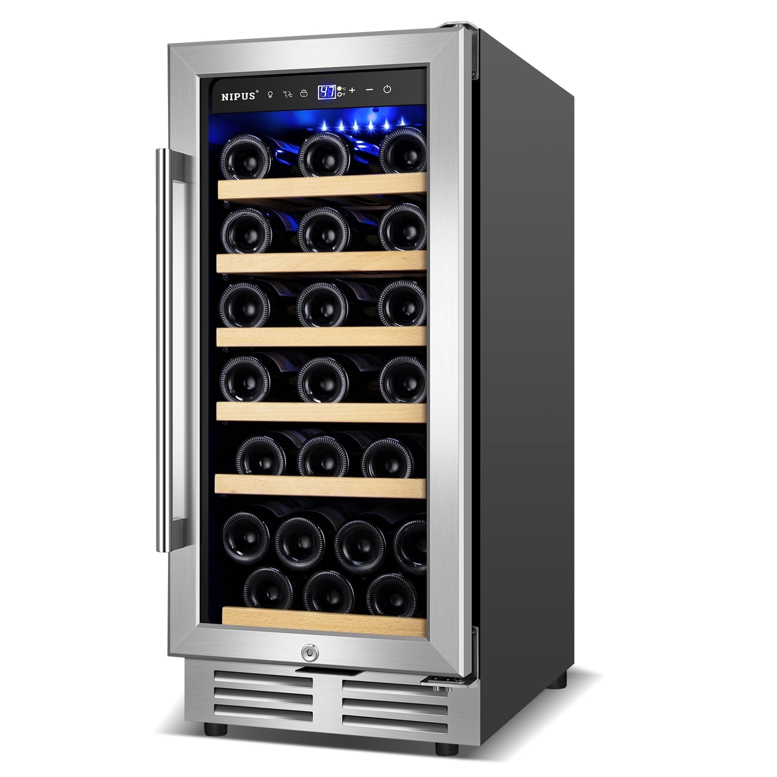 Nipus 15 inch Wine Refrigerators,30 Bottles Wine Fridge,6 Ajustable Shelves Beverage Cooler,Freestanding & Built-in,Glass Door
