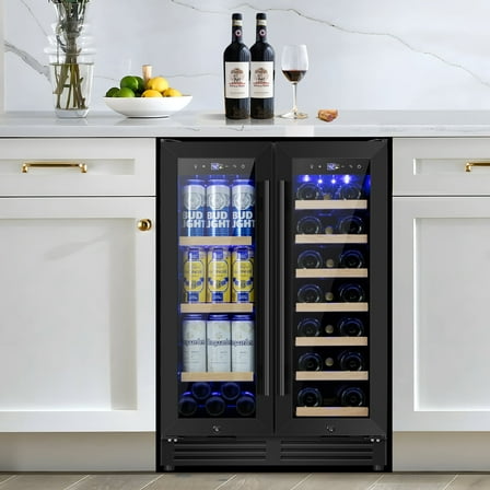 Nipus 24 inch Wine and Beverage Refrigerator,Dual Zone,Built-in Undercounter, 21 Bottles and 60 Cans,Black
