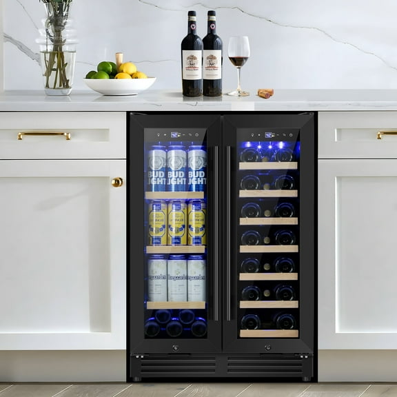 Nipus 24 inch Wine and Beverage Refrigerator,Dual Zone,Built-in Undercounter, 21 Bottles and 60 Cans,Black