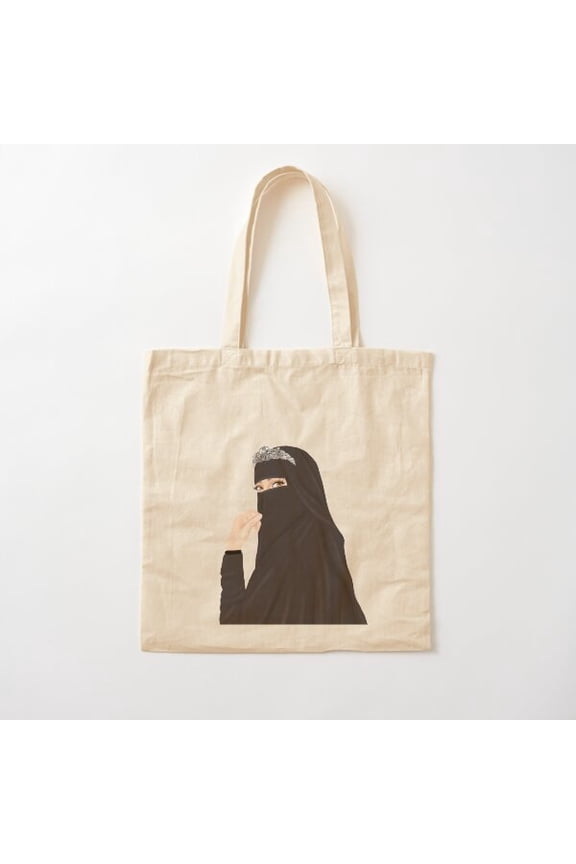 Niqab Hijab Princess Drawing Wearing Crown Canvas Tote Bags, Reusable Shopping Bag