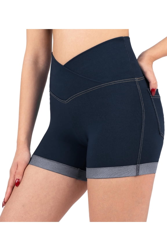 NirJEANS Women's Short Jeggings - Sexy Jeans Shorts For Women, High Waisted Crossover Women's Jeggings Booty Shorts for Women (6 4", Dark Jeans)