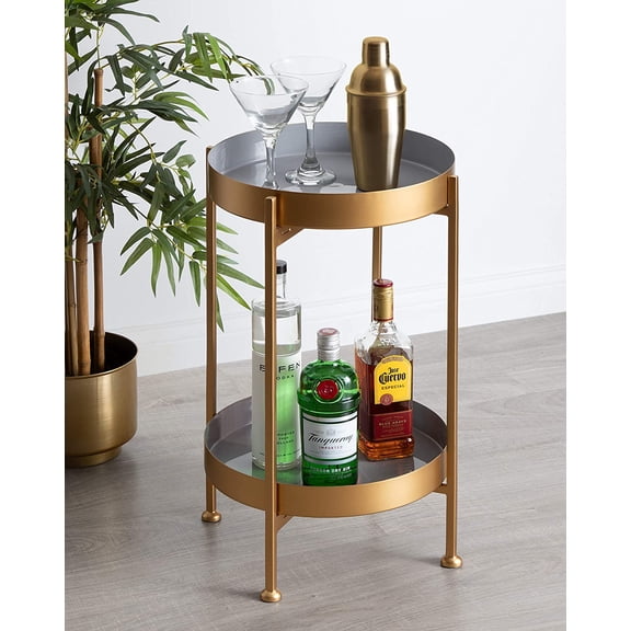 Nira Two-Tiered Mid- Side Table, 15" x 15" x 24", Gray and Gold, Chic Modern End Table for Storage and Decor