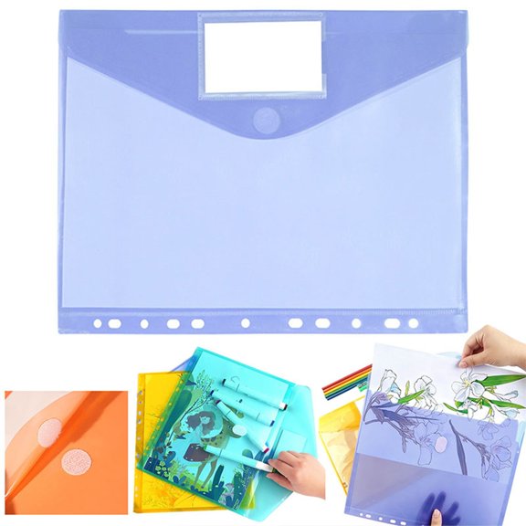 Niriyo 11-Hole Transparent Binder Pocket with Hook and Loop Closure, Expandable Plastic Folder for 2/3/4 Ring Binders, Document Organizer with Label Holder, Blue