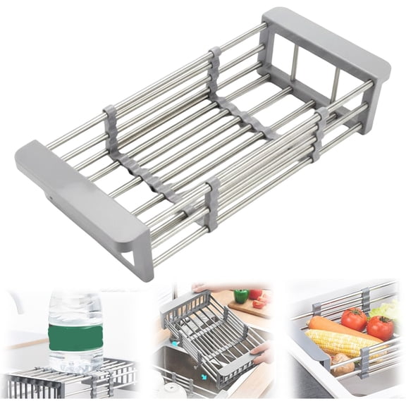 Niriyo Extend Kitchen Drain Basket with Adjustable Boom (11.61 in-18.11 inc), Stainless Retractable Rack Portable Multi Functional Extender Basket for Vegetables and Dishes, Sink Dish Drainer