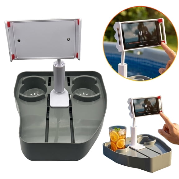 Niriyo Floating Pool Tray Table with Adjustable Phone & Cup Holders, Waterproof Hot Tub Accessory for Drinks and Devices, Gray
