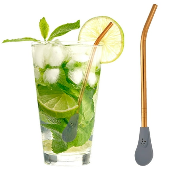 Niriyo Reusable Stainless Stir Straw Silicone Tip Filtering Spoon for Beverage Mixing, Iced Drinks and Bar Cocktail Preparation