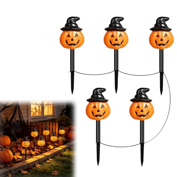 Niriyo Solar Halloween Pumpkin Stake Lights with 5 Adjustable Spotlights, Outdoor Glowing Path Lights for Walkway Garden Yard Patio, Weatherproof Wire-Free Decor