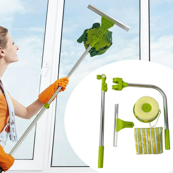 Niriyo U Type High Window Cleaner, Retractable Telescopic Pole Extends to 4FT, 180-Degree Angle Adjustment Head, 2-in-1 Microfiber Scrubber & Squeegee, 1PC