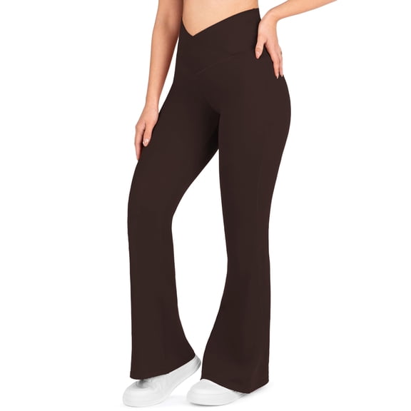 Nirlon Crossover Flare Leggings For Women - Regular & Plus Size Flare Pants High Waisted Wide Yoga Pants (10 34", Coffee)