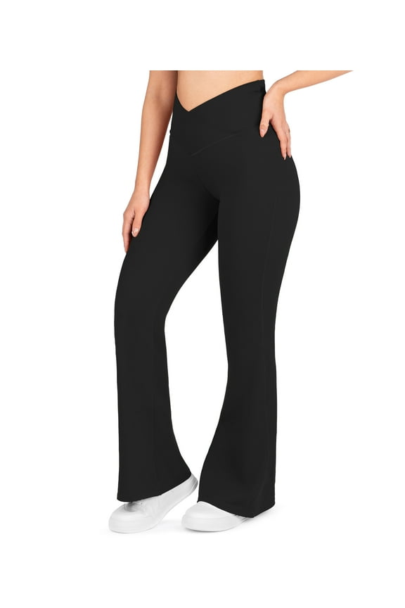 Crossover Flare Leggings For Women - Regular & Plus Size Flare Pants High Waisted Wide Yoga Pants (12 28", Black)