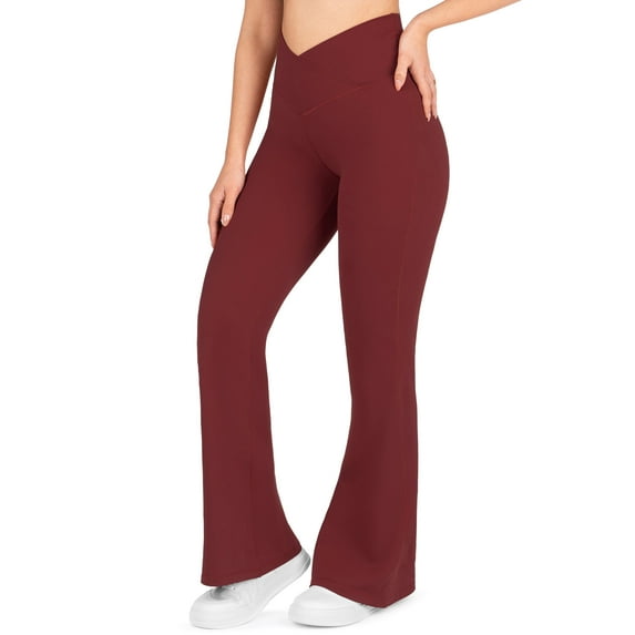 Nirlon Crossover Flare Leggings For Women - Regular & Plus Size Flare Pants High Waisted Wide Yoga Pants (14 30", Rio Red)