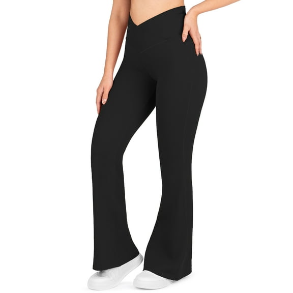 Nirlon Crossover Flare Leggings For Women - Regular & Plus Size Flare Pants High Waisted Wide Yoga Pants (16 28", Black)