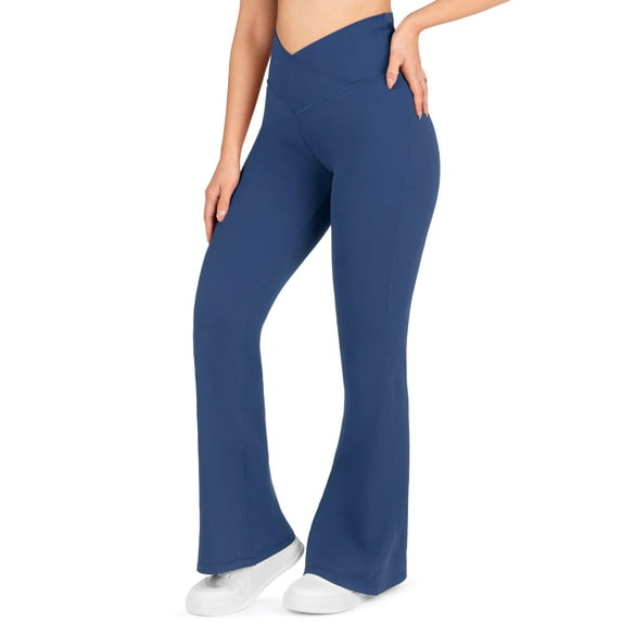 Nirlon Crossover Flare Leggings For Women - Regular & Plus Size Flare Pants High Waisted Wide Yoga Pants (8 32", Navy)