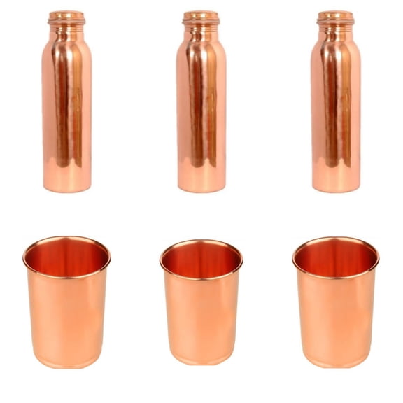Nirmal Ganga Copper Bottle for Water 1 Lit(pack of 3) & Glass 250 ML(pack of 3)|| set of 6