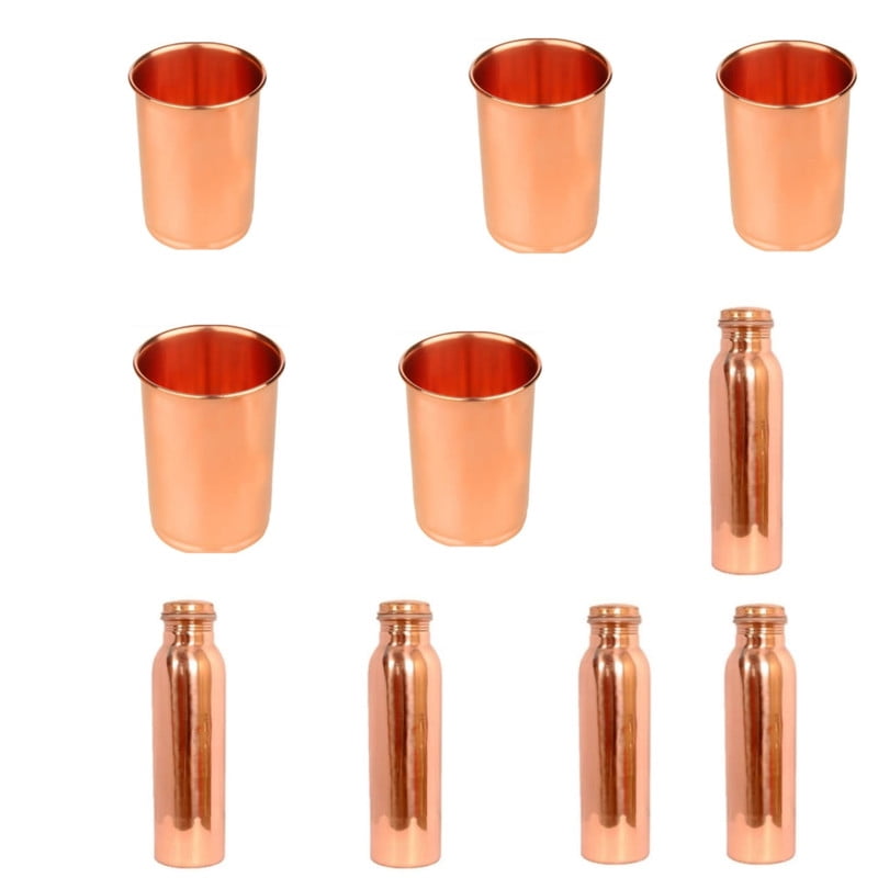 Nirmal Ganga Copper Bottle for Water 1 Lit(pack of 5) & Glass 250 ML(pack of 5)|| set of 10