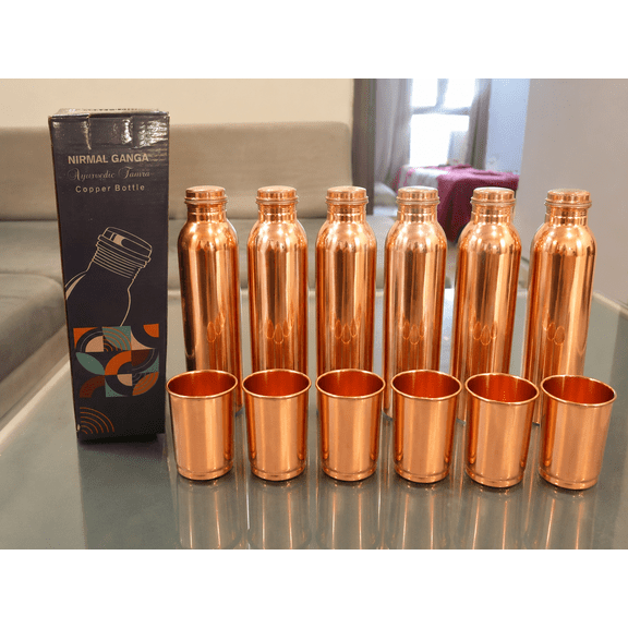 Nirmal Ganga Copper Bottle for Water 1 Lit(pack of 6) & Glass 250 ML(pack of 6)|| set of 12