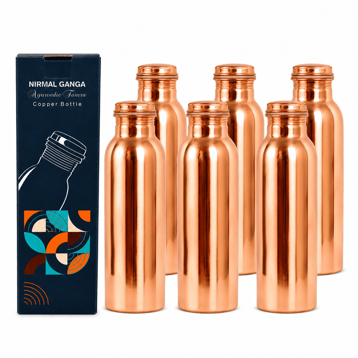 Nirmal Ganga 1 Litre Pure Copper Water Bottle – Joint-Free, Leak-Proof Design with Cleaning Kit Included. pack of 6