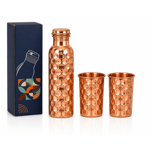 Nirmal Ganga Diamond Design Copper Bottle 1L(pack of 1) & Glass 250 ML(pack of 2)|| set of 3
